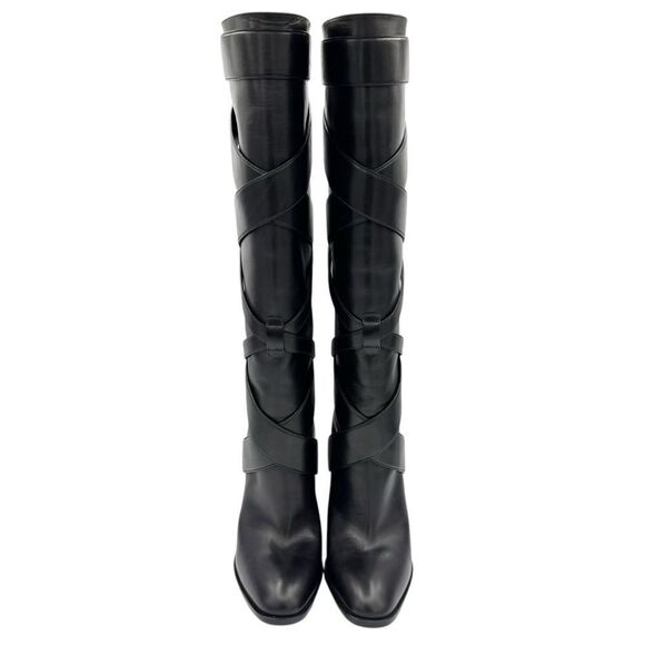 NEW Saint Laurent Knee High Leather Heeled Boots Criss Cross Black Size 9.5 - Picture 2 of 11